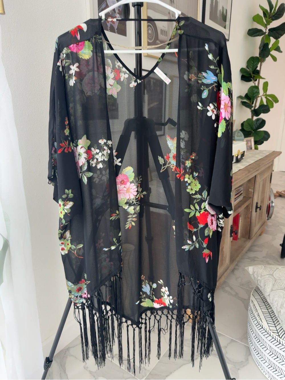Black Floral Fringe Kimono | Boho Festival Cover-Up